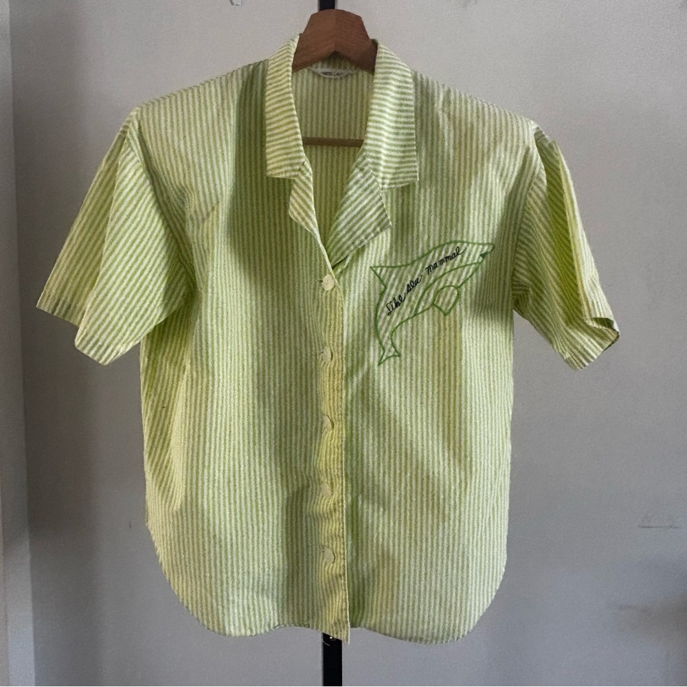 VTG Lime Green Striped Casual 80’s Button Down Short Sleeve Shirt Size Medium